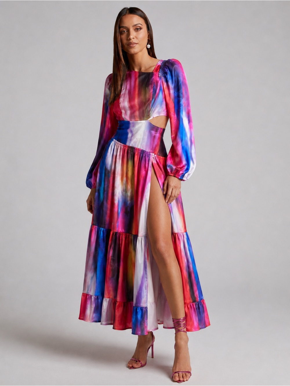 Colorful Satin Cutout Maxi Dress Puff Sleeve High Slit Abstract Print size Large